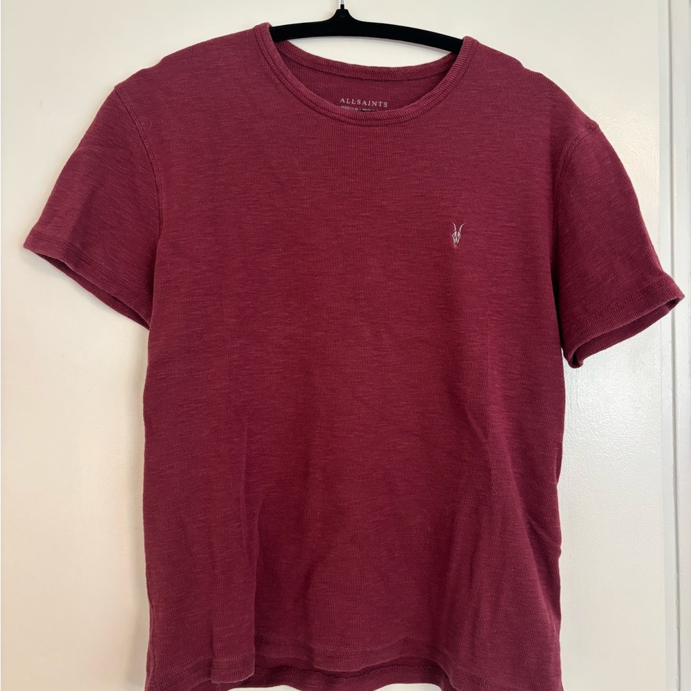 All Saints Men's Burgundy Short Sleeve Tee